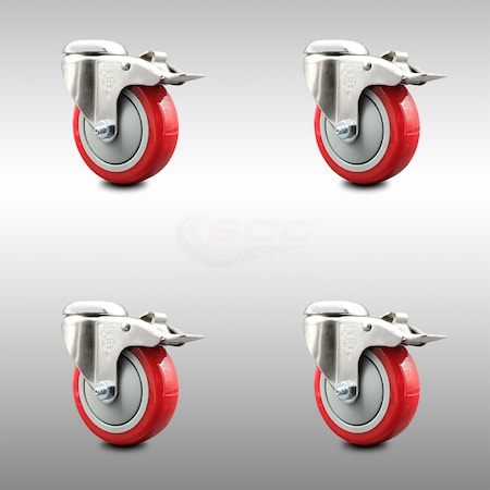 Service Caster 4 Inch 316SS Red Polyurethane Swivel Bolt Hole Caster Set with Lock Brake SCC SCC-SS316BHTTL20S414-PPUB-RED-4